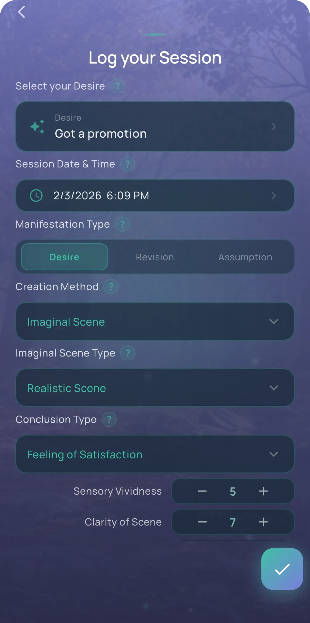 Log Your Session form for recording practice type, intensity, emotion, and notes